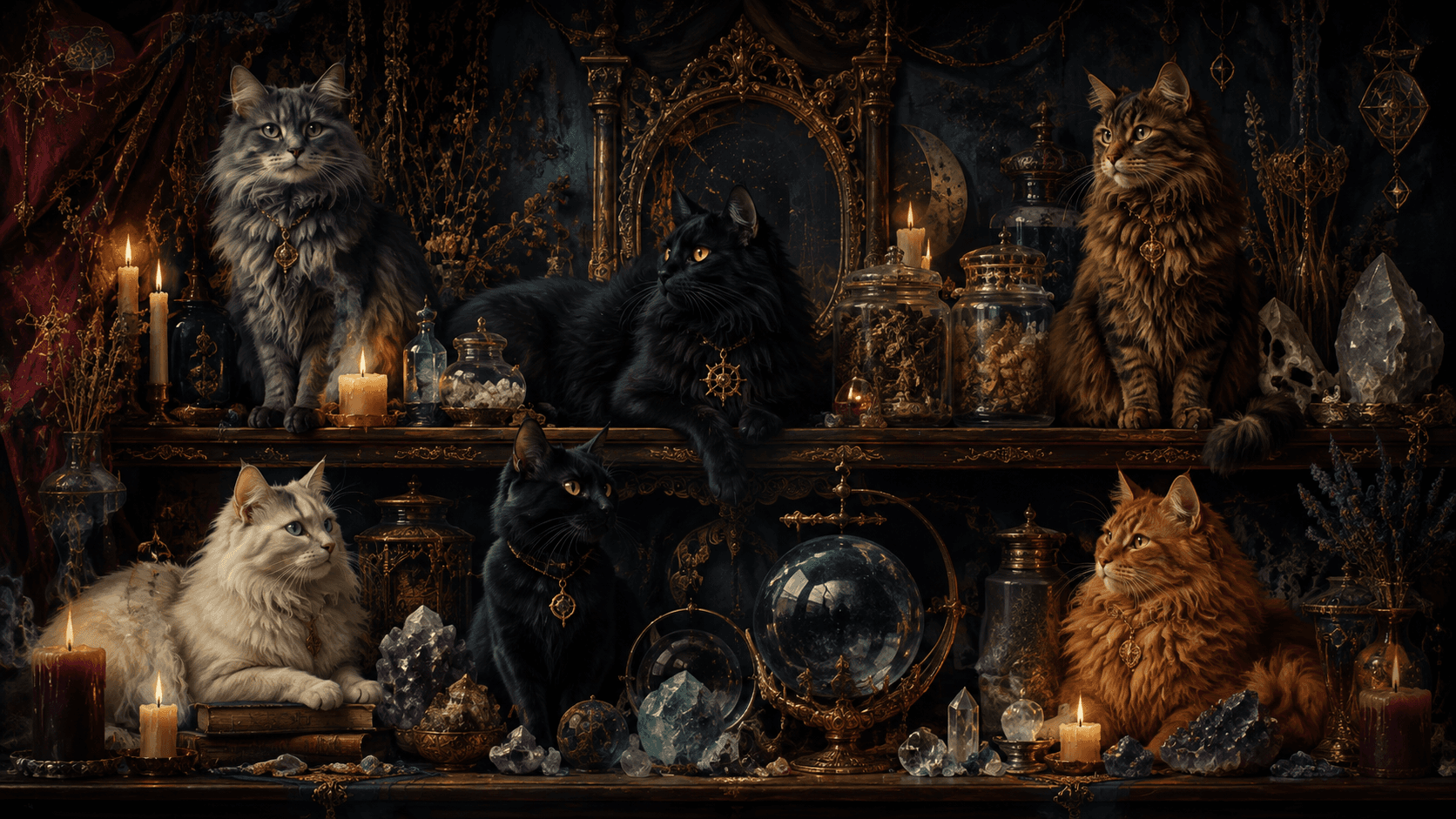 A dim study shelf lined with candles, crystals, and watchful cats
